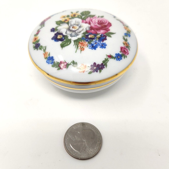 Floral Porcelain 3" Round Trinket Dish Box Earrings Rings Pins PM Wreath Crown - Picture 16 of 16